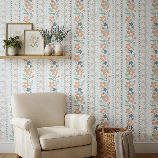 Botanical Stripe Wallpaper | Whimsical Garden Decor | Peel and Stick