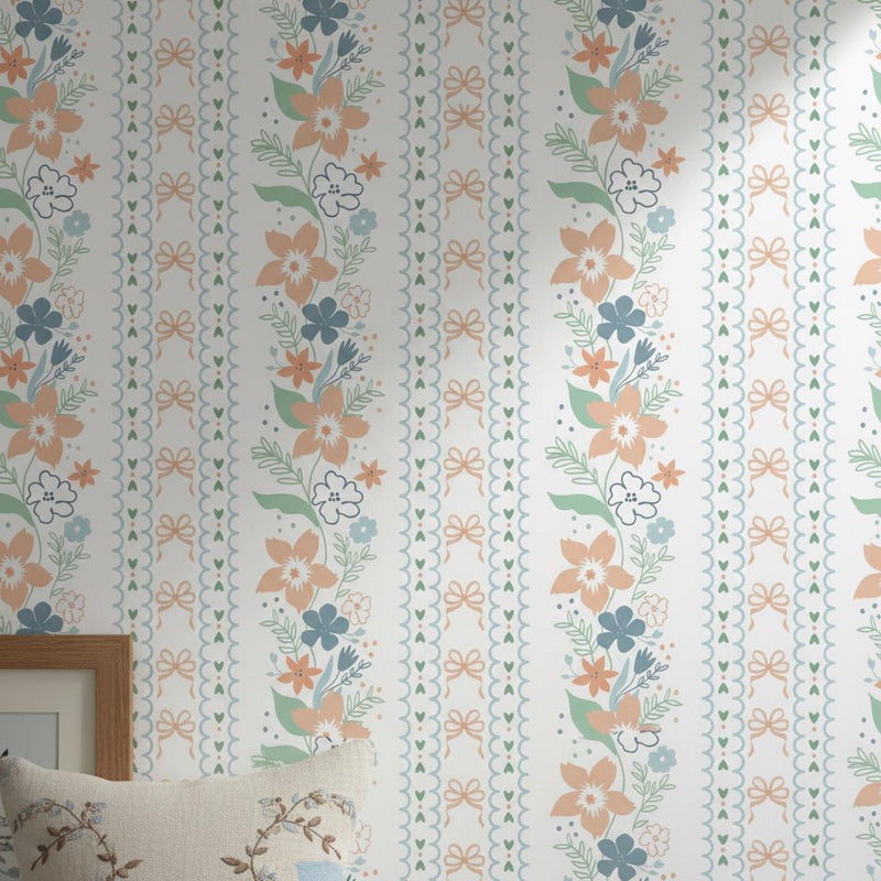 Botanical Stripe Wallpaper | Whimsical Garden Decor | Peel and Stick