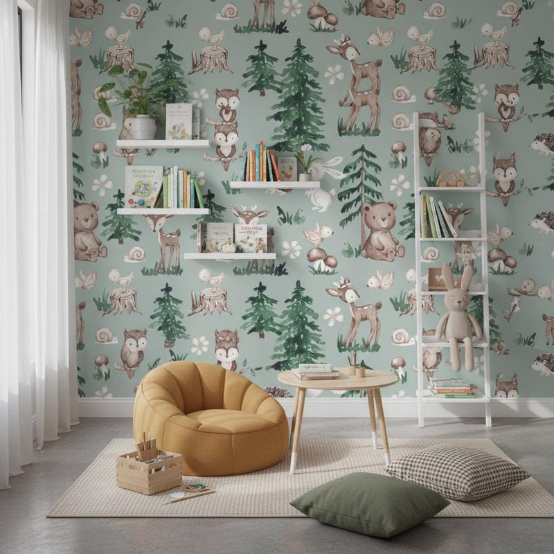 Woodland Animal Wallpaper Nursery | Forest Deer Bear Bunny Owl | Kids Room Sage Green | Peel and Stick