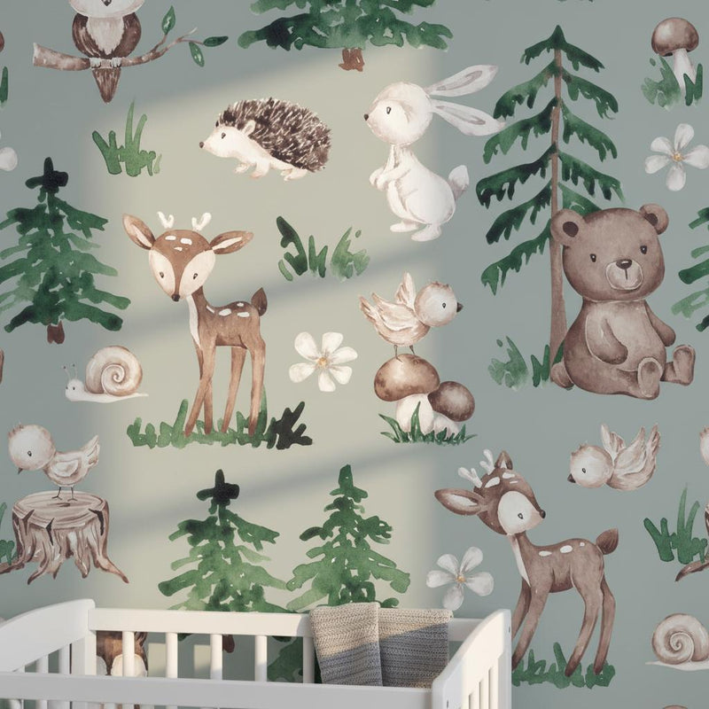 Woodland Animal Wallpaper Nursery | Forest Deer Bear Bunny Owl | Kids Room Sage Green | Peel and Stick