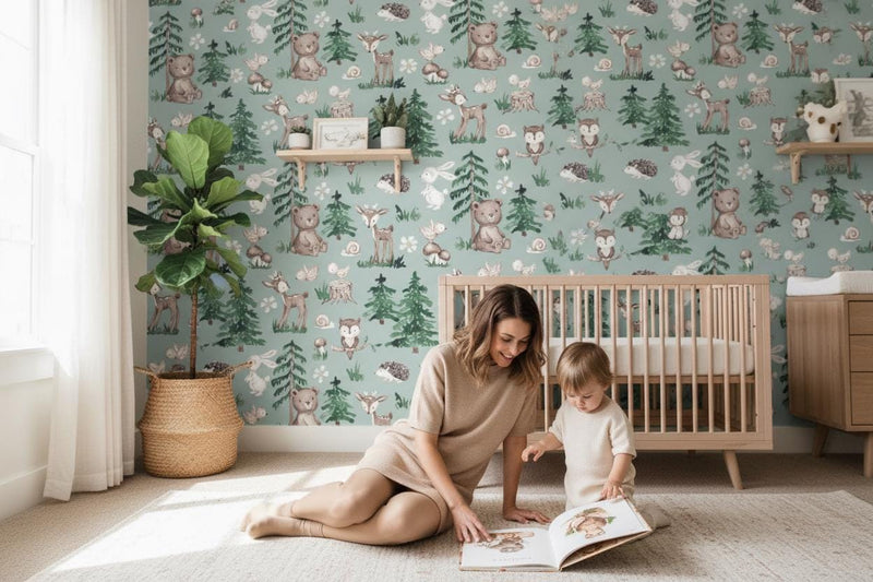 Woodland Animal Wallpaper Nursery | Forest Deer Bear Bunny Owl | Kids Room Sage Green | Peel and Stick