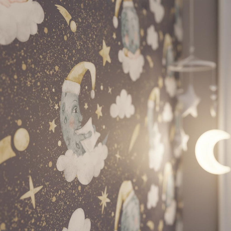 Dreamy Moon Nursery Wallpaper | Sleeping Moon Stars Clouds | Celestial Baby Room Decor | Peel and Stick