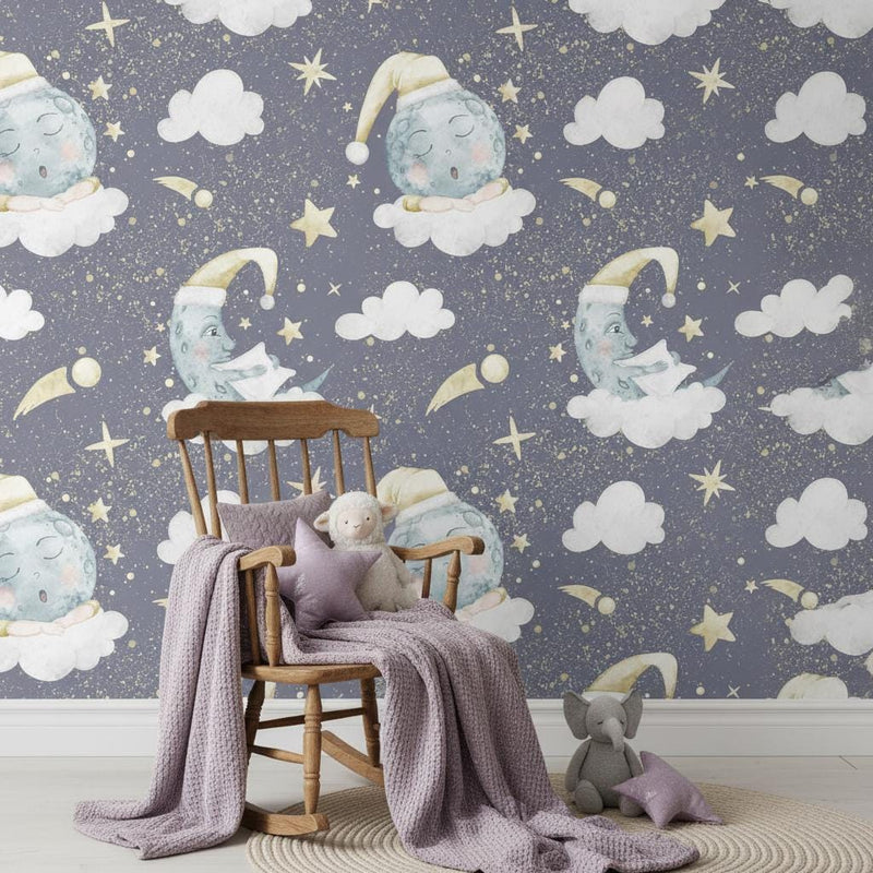 Dreamy Moon Nursery Wallpaper | Sleeping Moon Stars Clouds | Celestial Baby Room Decor | Peel and Stick
