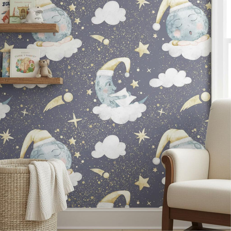 Dreamy Moon Nursery Wallpaper | Sleeping Moon Stars Clouds | Celestial Baby Room Decor | Peel and Stick