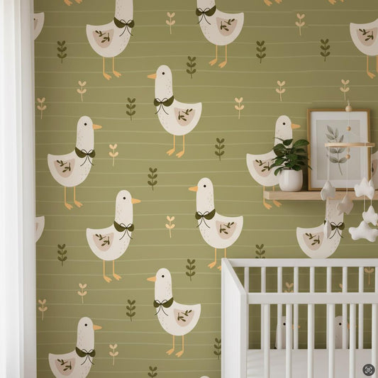 Modern Goose Wallpaper Olive Green | Scandinavian Farmhouse Nursery | Botanical Kids Room Decor | Peel and Stick