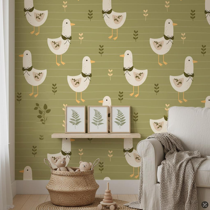 Modern Goose Wallpaper Olive Green | Scandinavian Farmhouse Nursery | Botanical Kids Room Decor | Peel and Stick
