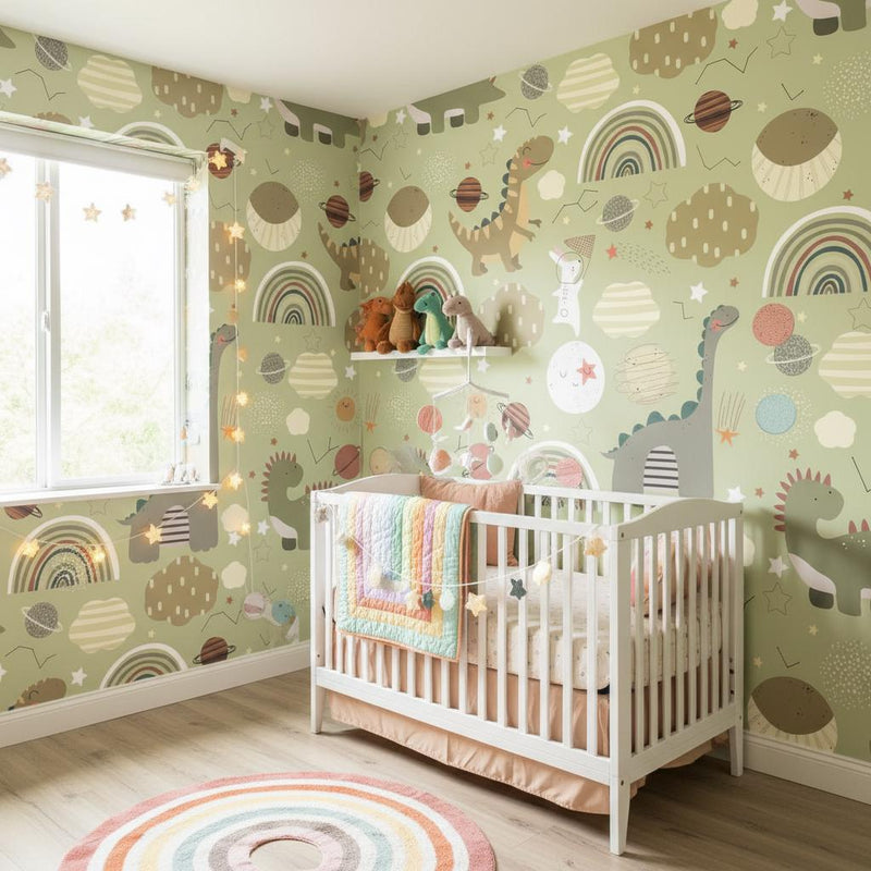 Space Dinosaur Wallpaper Kids Room | Rainbow Planet Nursery Decor | Whimsical Dino Galaxy | Peel and Stick