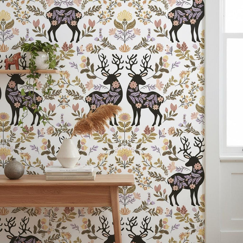 Folk Art Deer Wallpaper Botanical | Scandinavian Floral Nursery | Nordic Animal Pattern | Peel and Stick