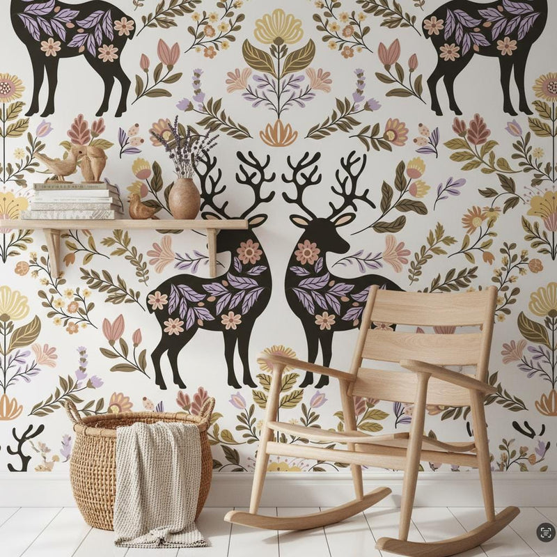 Folk Art Deer Wallpaper Botanical | Scandinavian Floral Nursery | Nordic Animal Pattern | Peel and Stick