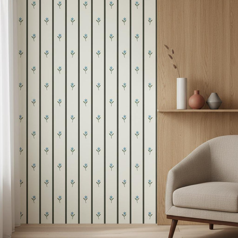 Minimalist Stripe Wallpaper  | Blue Flower Vertical Stripes |Peel and Stick