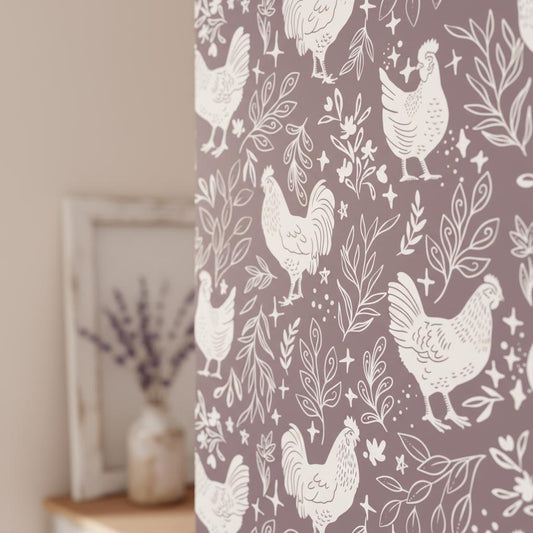 Folk Rooster Wallpaper Gray | Farmhouse Chicken Kitchen Decor | Cottage Country Style | Peel and Stick