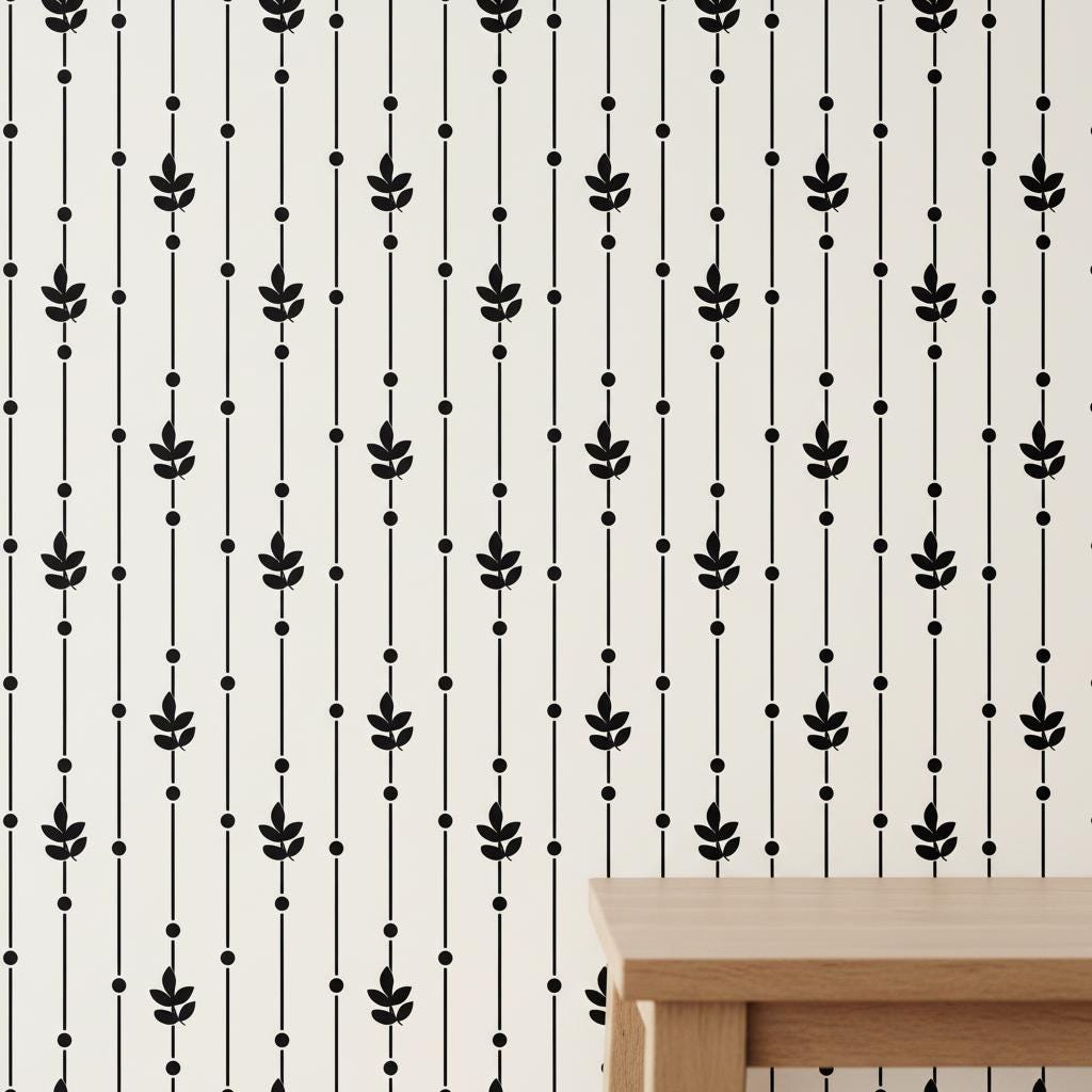Minimalist Botanical Wallpaper Black White | Modern Leaf Stripe Pattern | Scandinavian Design | Peel and Stick