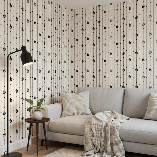 Minimalist Botanical Wallpaper Black White | Modern Leaf Stripe Pattern | Scandinavian Design | Peel and Stick