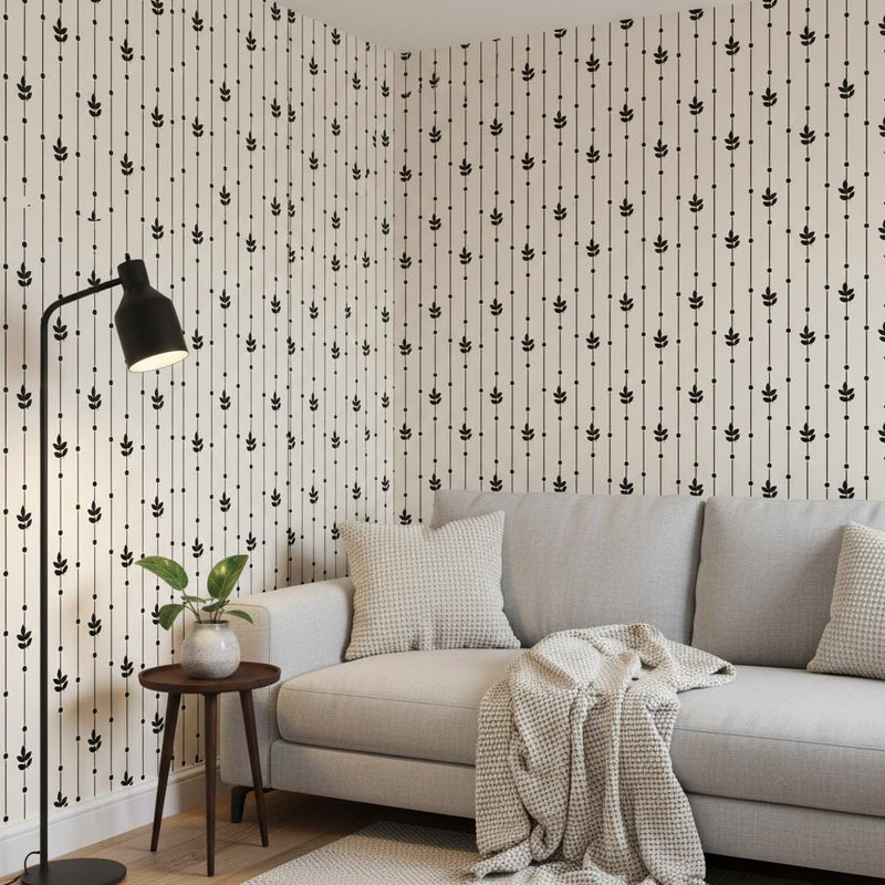 Minimalist Botanical Wallpaper Black White | Modern Leaf Stripe Pattern | Scandinavian Design | Peel and Stick