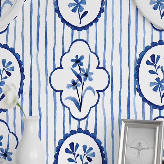 Watercolor Frame Wallpaper Blue White | Floral Stripe Pattern | Cottage Bathroom Decor | Peel and Stick