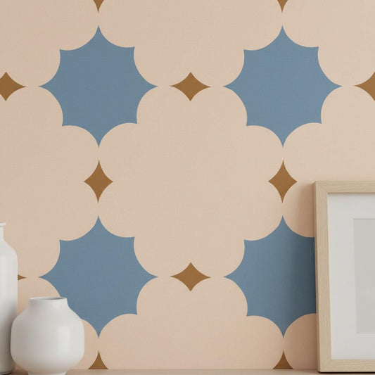 Geometric Wallpaper Peel and Stick | Blue Beige Quatrefoil Star Pattern | Modern Removable Wall Paper