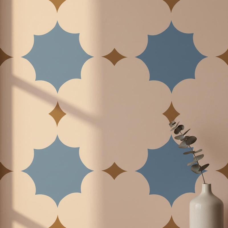 Geometric Wallpaper Peel and Stick | Blue Beige Quatrefoil Star Pattern | Modern Removable Wall Paper