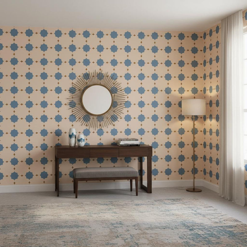 Geometric Wallpaper Peel and Stick | Blue Beige Quatrefoil Star Pattern | Modern Removable Wall Paper