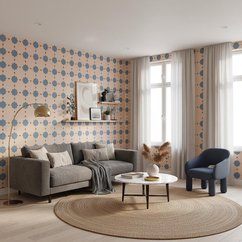 Geometric Wallpaper Peel and Stick | Blue Beige Quatrefoil Star Pattern | Modern Removable Wall Paper