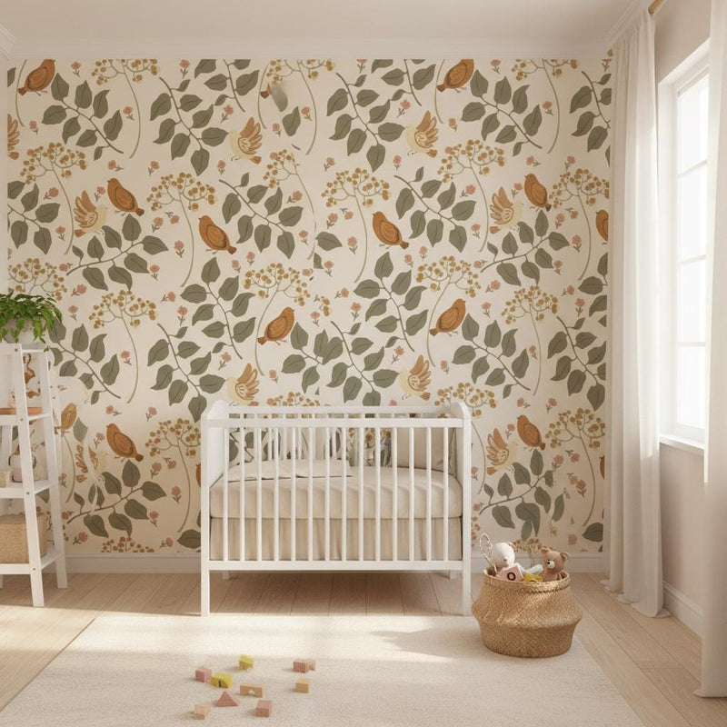 Birds and Berries Wallpaper | Scandinavian Botanical Wall Mural | Sage Green Nursery Decor | Peel and Stick Removable Wallpaper