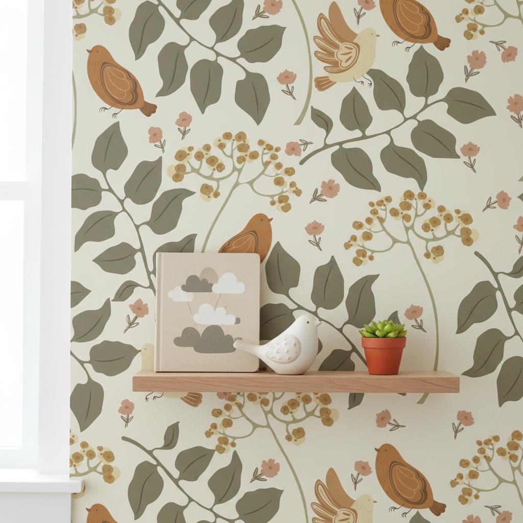 Birds and Berries Wallpaper | Scandinavian Botanical Wall Mural | Sage Green Nursery Decor | Peel and Stick Removable Wallpaper