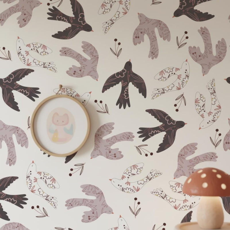 Folk Bird Wallpaper Nursery | Whimsical Floral Birds Cream | Scandinavian Kids Room Decor | Peel and Stic