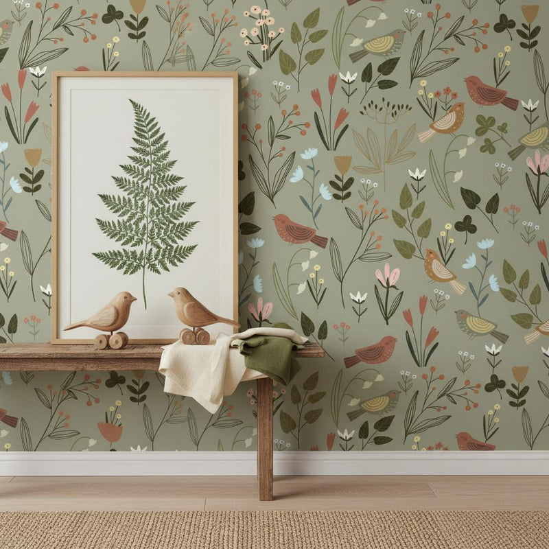 Botanical Bird Wallpaper Sage Green | Wildflower Nursery Decor | Nature Inspired Kids Room | Peel and Stick
