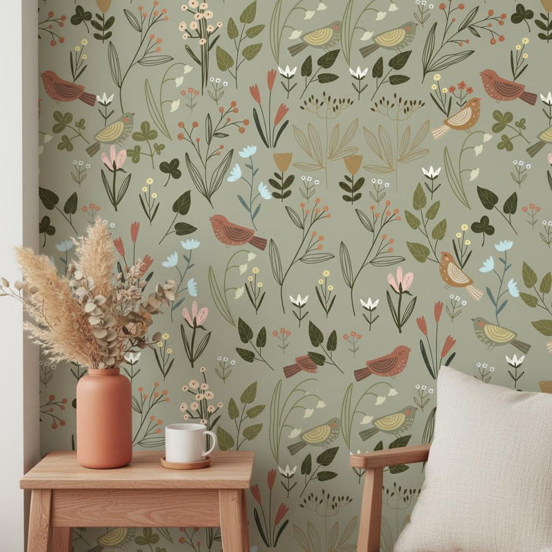 Botanical Bird Wallpaper Sage Green | Wildflower Nursery Decor | Nature Inspired Kids Room | Peel and Stick