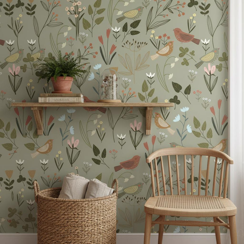 Botanical Bird Wallpaper Sage Green | Wildflower Nursery Decor | Nature Inspired Kids Room | Peel and Stick