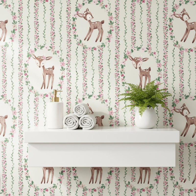 Deer Wallpaper | Woodland Nursery Wall Mural | Pink Floral Wreath Baby Room Decor | Peel and Stick Removable Wallpaper