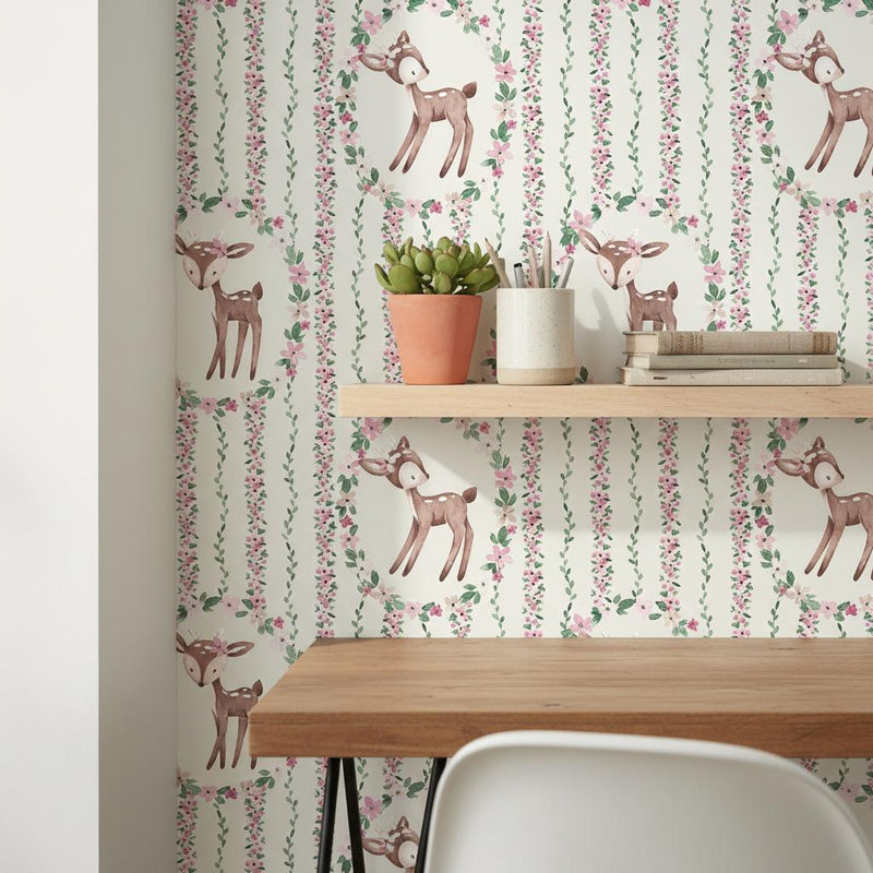 Deer Wallpaper | Woodland Nursery Wall Mural | Pink Floral Wreath Baby Room Decor | Peel and Stick Removable Wallpaper