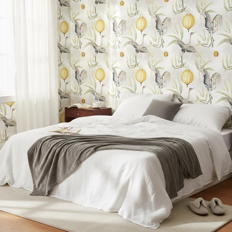 Chinese Crane Wallpaper | Gold Lantern Asian Wall Mural | Watercolor Bamboo Decor | Peel and Stick Removable Wallpaper