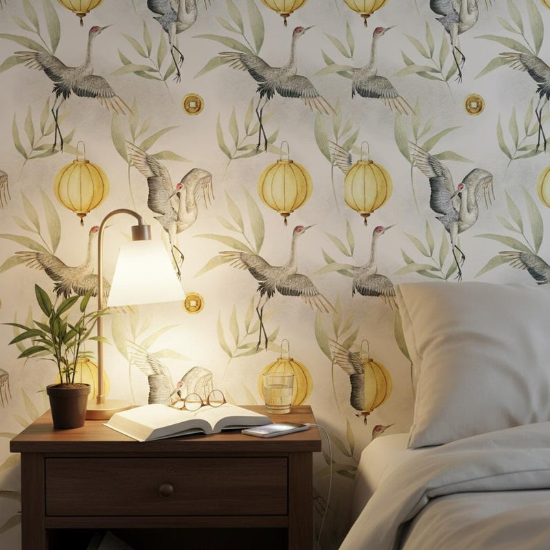 Chinese Crane Wallpaper | Gold Lantern Asian Wall Mural | Watercolor Bamboo Decor | Peel and Stick Removable Wallpaper