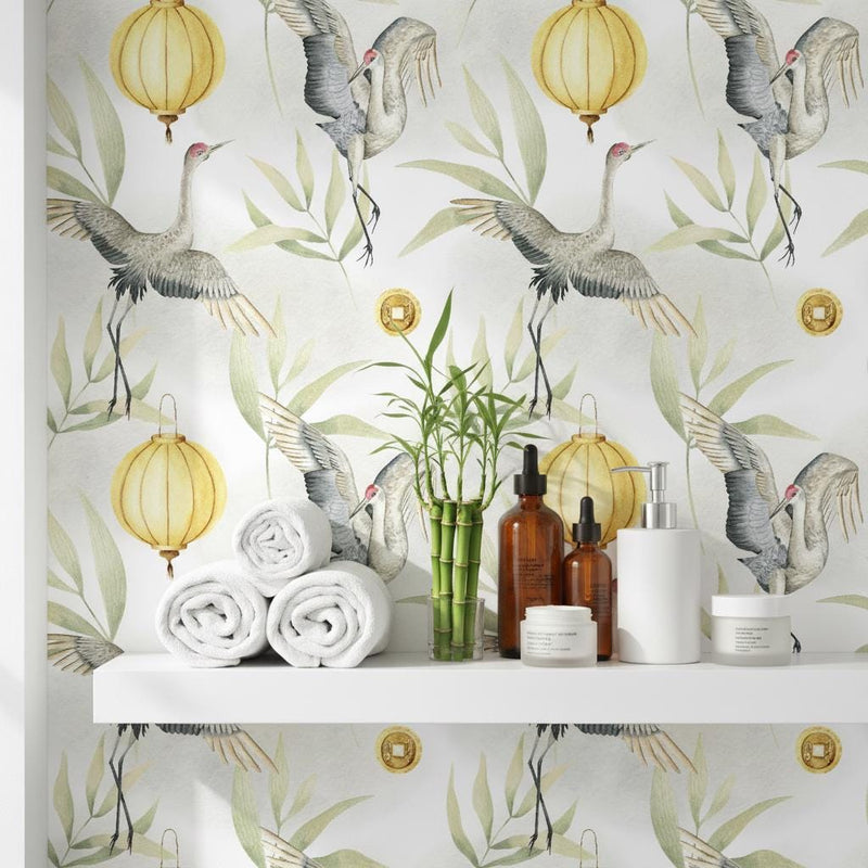 Chinese Crane Wallpaper | Gold Lantern Asian Wall Mural | Watercolor Bamboo Decor | Peel and Stick Removable Wallpaper