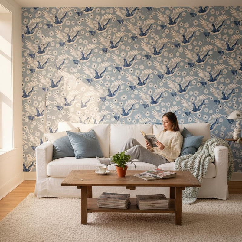 Blue Crane Wallpaper | White Daisy Flower Wall Mural | Coastal Japanese Decor | Peel and Stick Removable Wallpaper