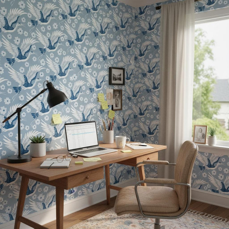 Blue Crane Wallpaper | White Daisy Flower Wall Mural | Coastal Japanese Decor | Peel and Stick Removable Wallpaper