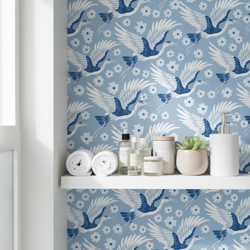 Blue Crane Wallpaper | White Daisy Flower Wall Mural | Coastal Japanese Decor | Peel and Stick Removable Wallpaper
