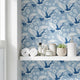 Blue Crane Wallpaper | White Daisy Flower Wall Mural | Coastal Japanese Decor | Peel and Stick Removable Wallpaper