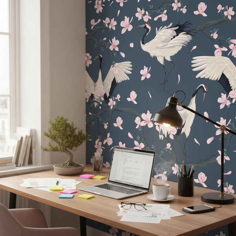 Cherry Blossom Crane Wallpaper | Dark Blue Japanese Wall Mural | Pink Sakura Asian Decor | Peel and Stick Removable Wallpaper