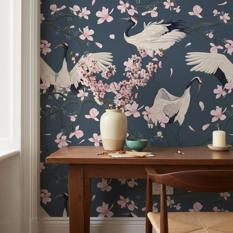 Cherry Blossom Crane Wallpaper | Dark Blue Japanese Wall Mural | Pink Sakura Asian Decor | Peel and Stick Removable Wallpaper