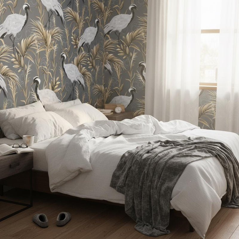 Luxury Crane Wallpaper | Dark Grey Gold Tropical Wall Mural | Asian Elegant Decor | Peel and Stick Removable Wallpaper