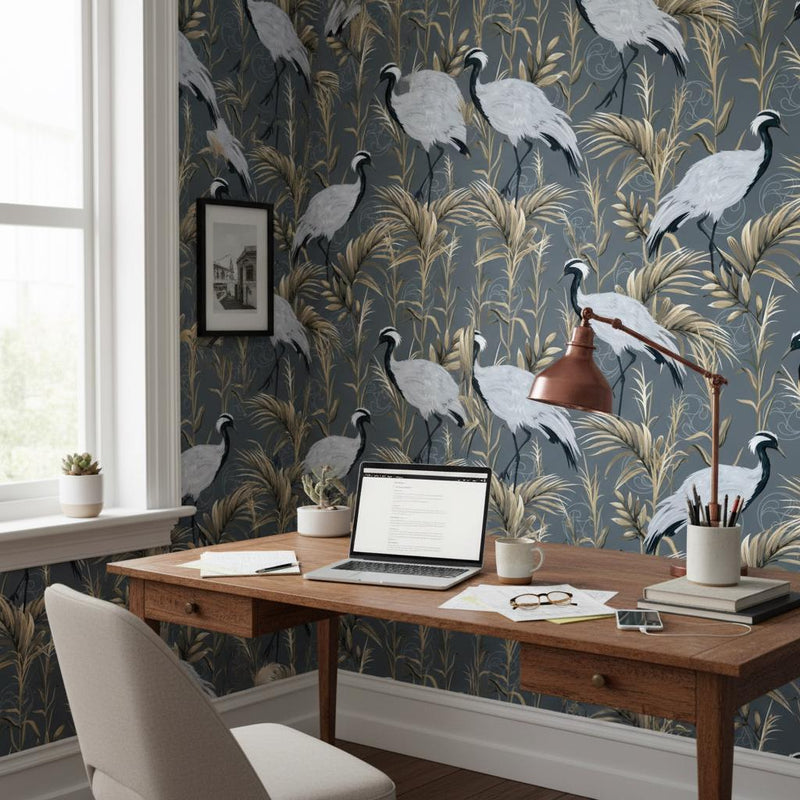 Luxury Crane Wallpaper | Dark Grey Gold Tropical Wall Mural | Asian Elegant Decor | Peel and Stick Removable Wallpaper