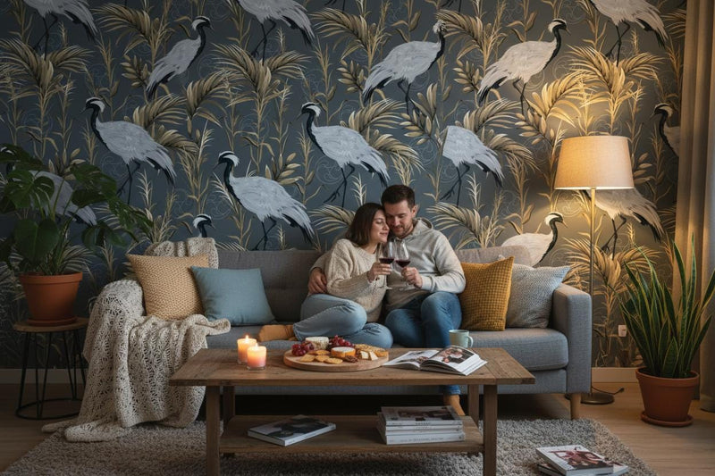 Luxury Crane Wallpaper | Dark Grey Gold Tropical Wall Mural | Asian Elegant Decor | Peel and Stick Removable Wallpaper