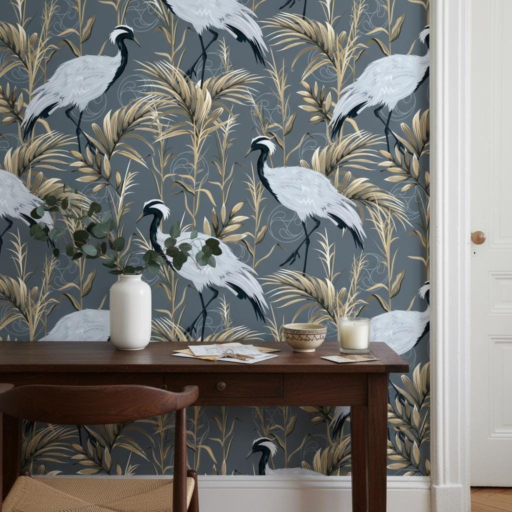 Luxury Crane Wallpaper | Dark Grey Gold Tropical Wall Mural | Asian Elegant Decor | Peel and Stick Removable Wallpaper