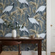 Luxury Crane Wallpaper | Dark Grey Gold Tropical Wall Mural | Asian Elegant Decor | Peel and Stick Removable Wallpaper