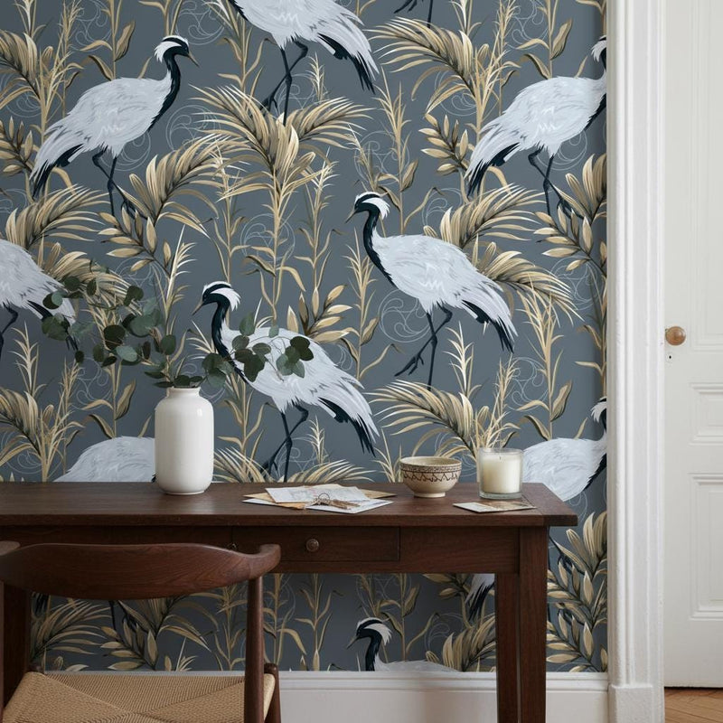 Luxury Crane Wallpaper | Dark Grey Gold Tropical Wall Mural | Asian Elegant Decor | Peel and Stick Removable Wallpaper