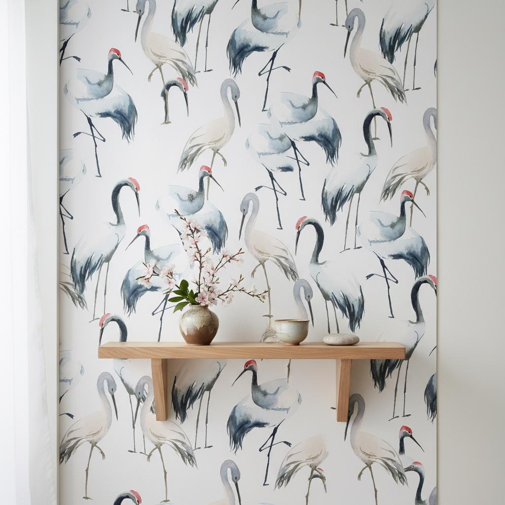 Crane Wallpaper | Japanese Watercolor Wall Mural | Asian Zen Minimalist Decor | Peel and Stick Removable Wallpaper