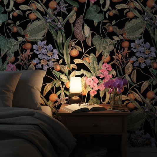 Dark Botanical Wallpaper | Vintage Tropical Fruit Floral Wall Mural | Moody Black Background Decor | Peel and Stick Removable Wallpaper