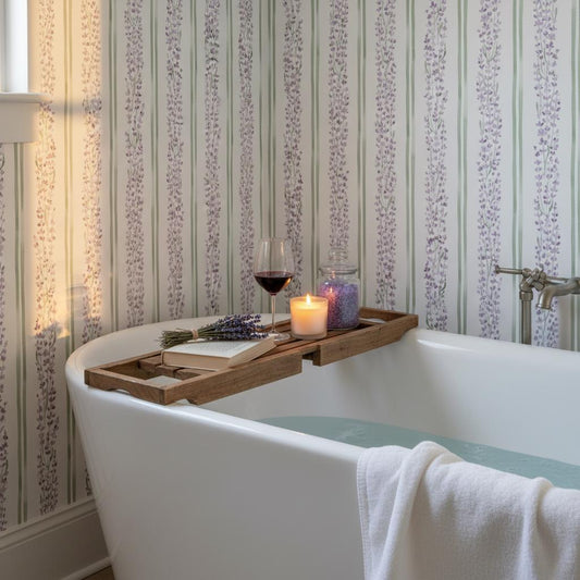 Lavender Stripe Wallpaper | Watercolor Provence Floral Wall Mural | Purple Lilac Cottage Decor | Peel and Stick Removable Wallpaper