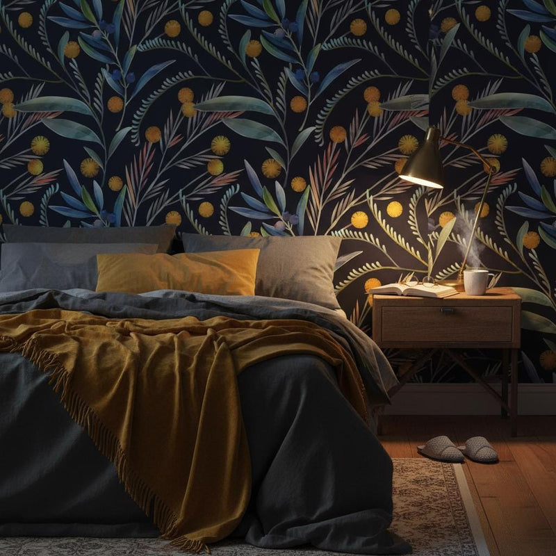 Dark Mimosa Wallpaper | Navy Black Botanical Wall Mural | Gold Yellow Eucalyptus Decor | Peel and Stick Removable Wallpaper